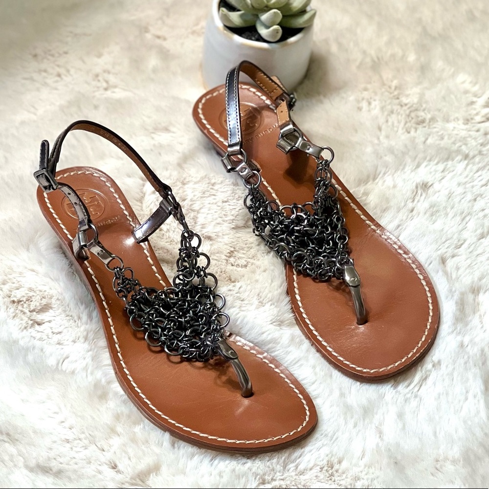 Tory Burch Deena Wedge chainmail  Sandal size 9.5